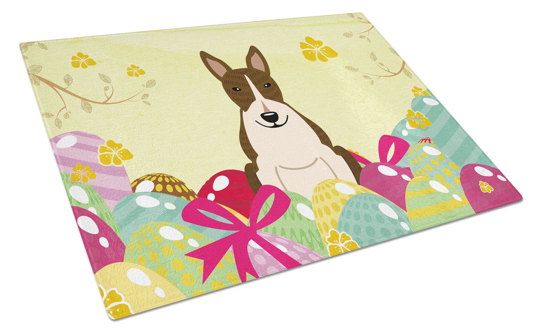 Easter Eggs Bull Terrier Dark Brindle Cutting Board Tempered Glass Kitchen Cutting Surface, Heat Resistant Chopping, Non-Slip Feet, Food Prep & Serving