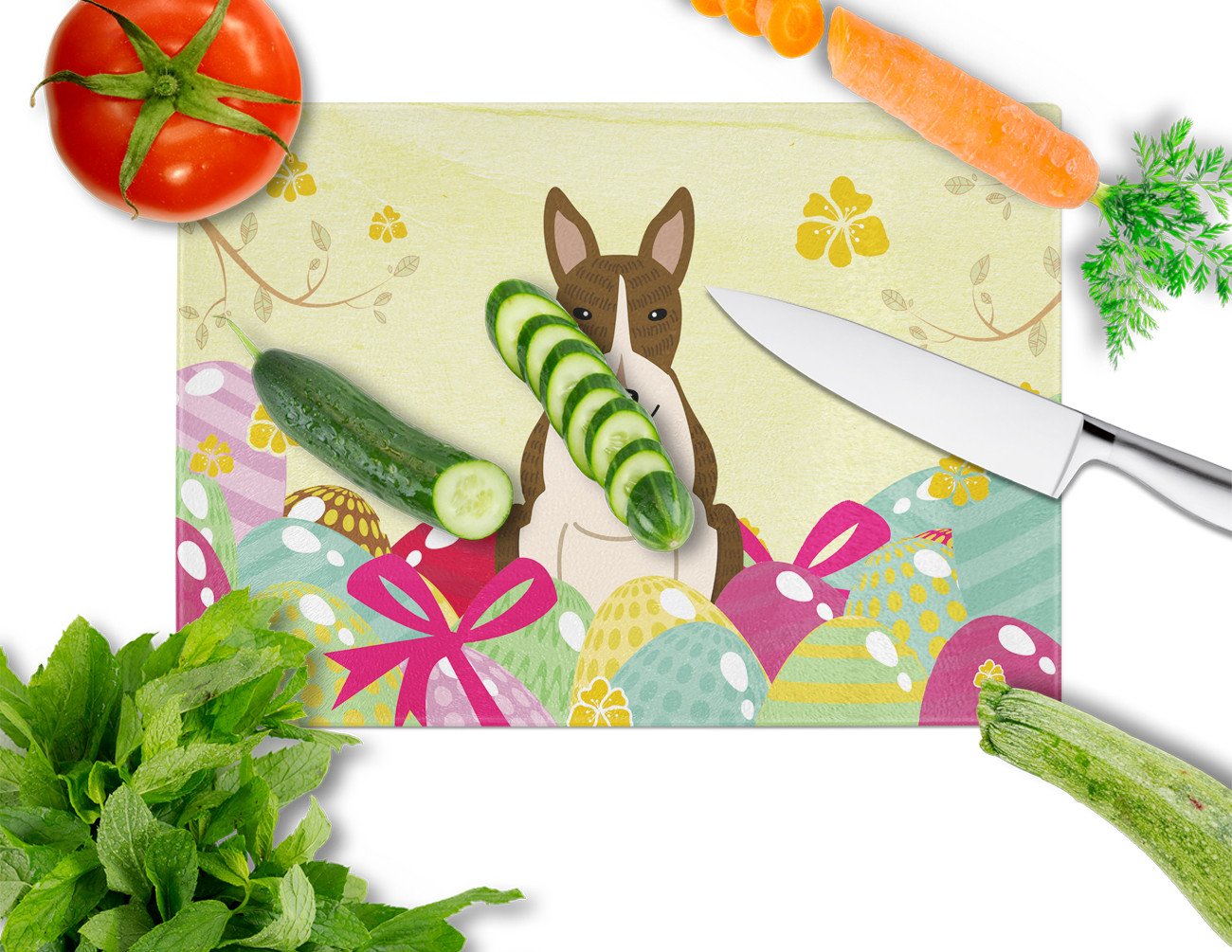 Easter Eggs Bull Terrier Dark Brindle Cutting Board Tempered Glass Kitchen Cutting Surface, Heat Resistant Chopping, Non-Slip Feet, Food Prep & Serving