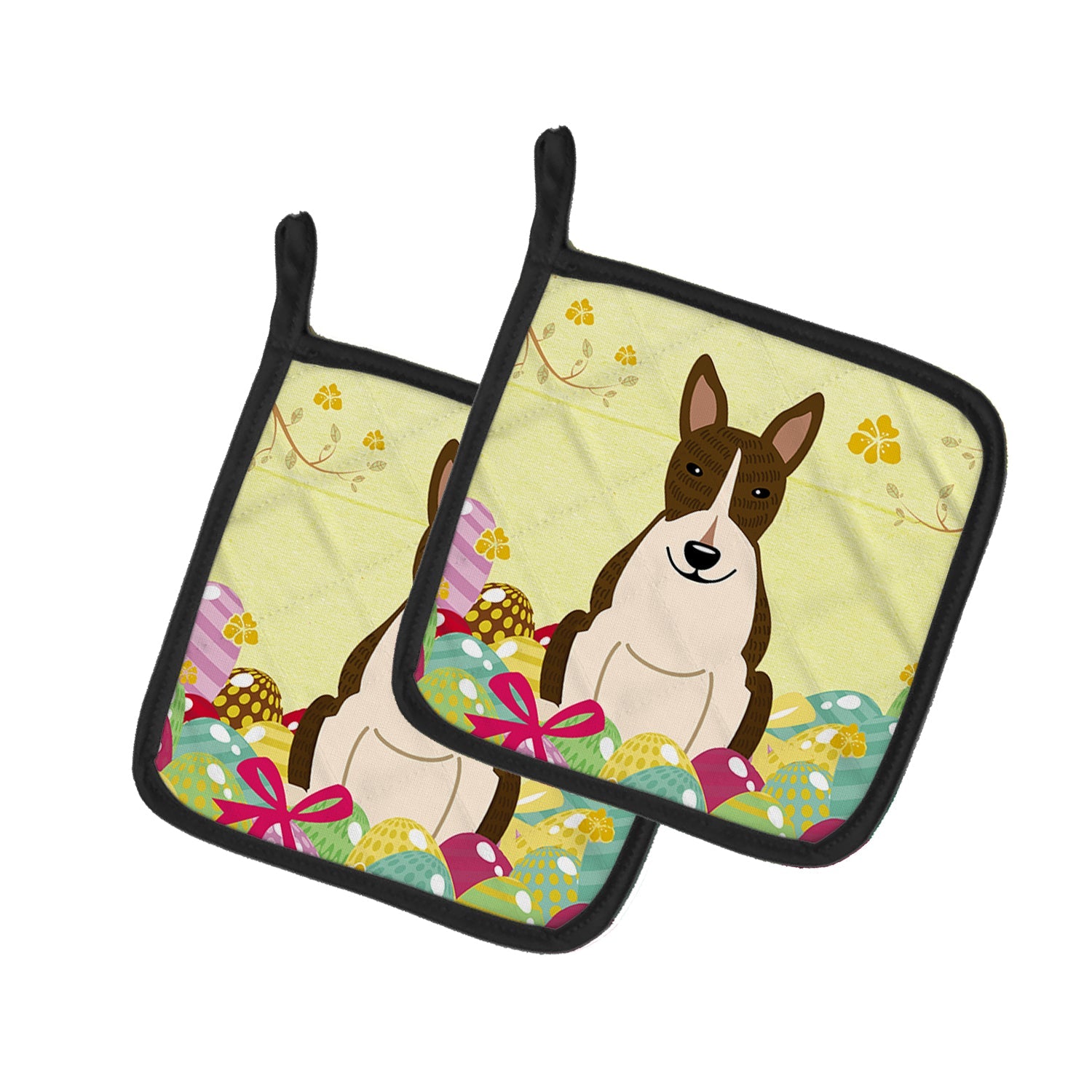 Easter Eggs Bull Terrier Dark Brindle Pot Holder Set of 2 Heat Resistant Quilted Hot Pads 7.5 x 7.5 Inch, Insulated Kitchen Trivets for Cooking & Baking