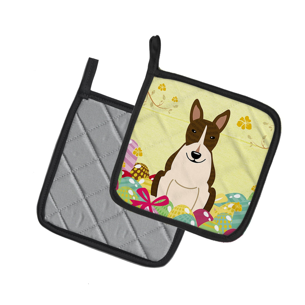 Easter Eggs Bull Terrier Dark Brindle Pot Holder Set of 2 Heat Resistant Quilted Hot Pads 7.5 x 7.5 Inch, Insulated Kitchen Trivets for Cooking & Baking