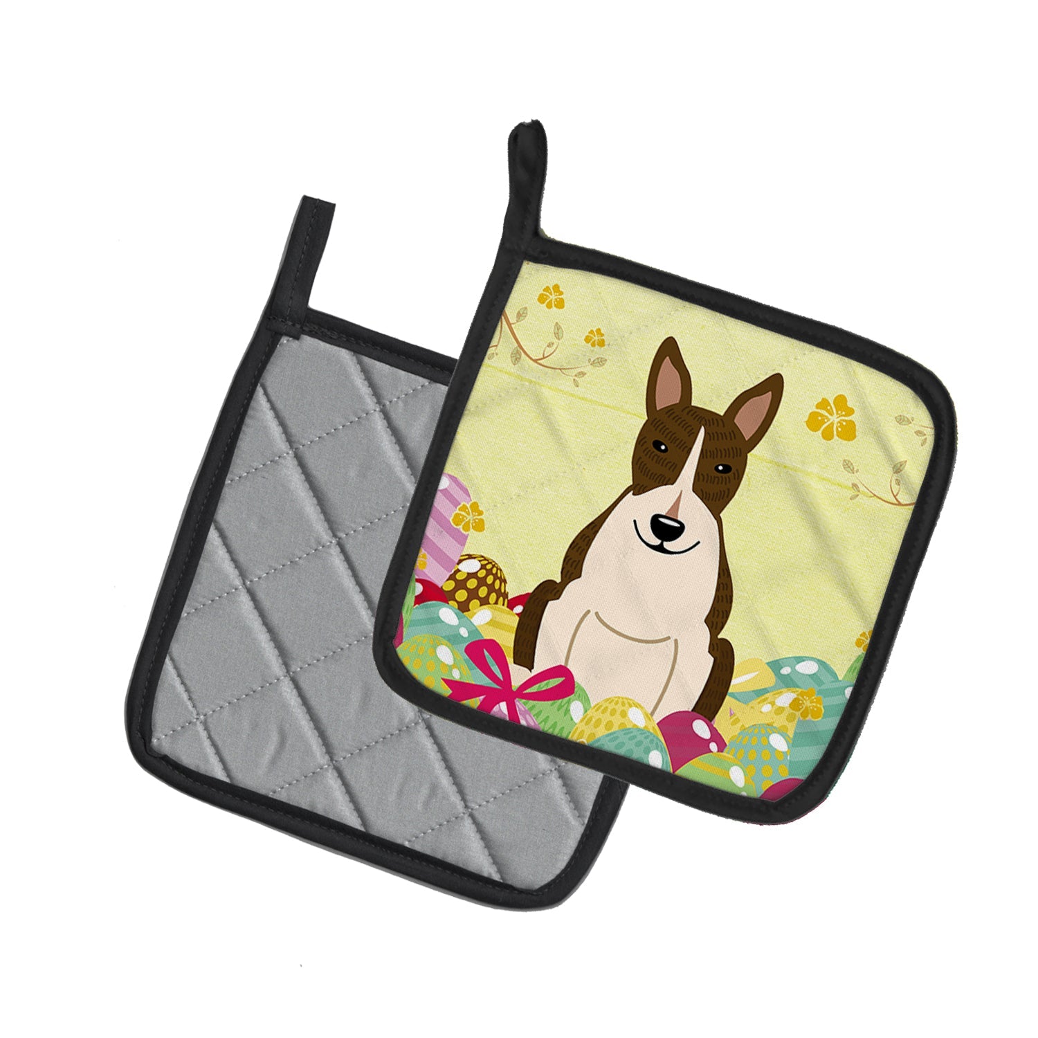 Easter Eggs Bull Terrier Dark Brindle Pot Holder Set of 2 Heat Resistant Quilted Hot Pads 7.5 x 7.5 Inch, Insulated Kitchen Trivets for Cooking & Baking