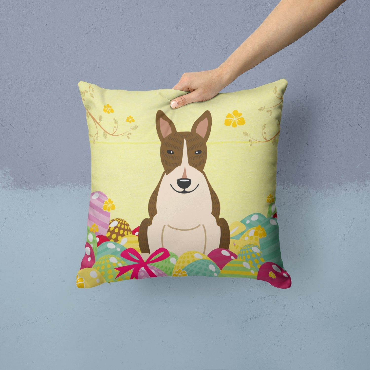 Easter Eggs Bull Terrier Dark Brindle Decorative Throw Pillow 14x14 Indoor Outdoor Accent Cushion, Fabric Cover with Insert for Sofa, Bed, Porch & Living Room