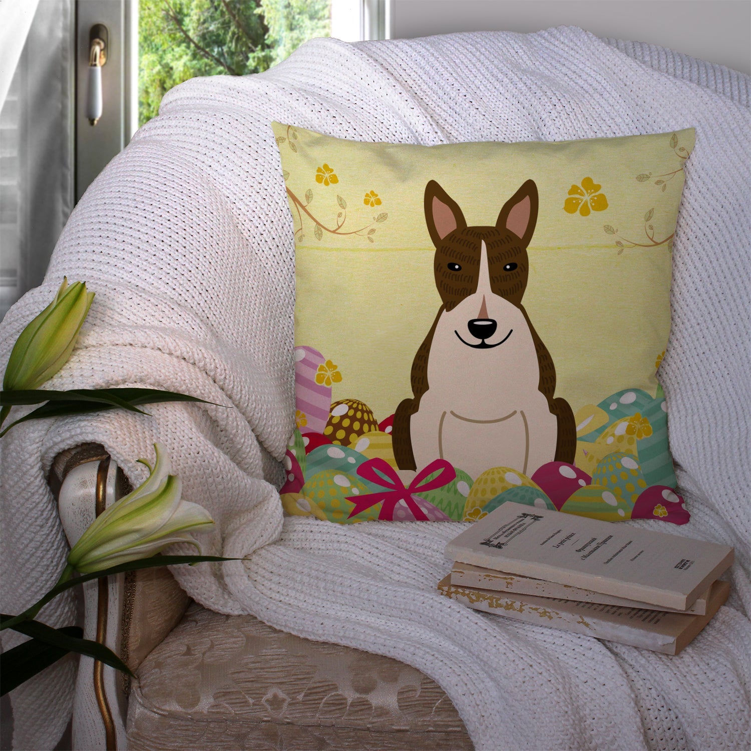 Easter Eggs Bull Terrier Dark Brindle Decorative Throw Pillow 14x14 Indoor Outdoor Accent Cushion, Fabric Cover with Insert for Sofa, Bed, Porch & Living Room