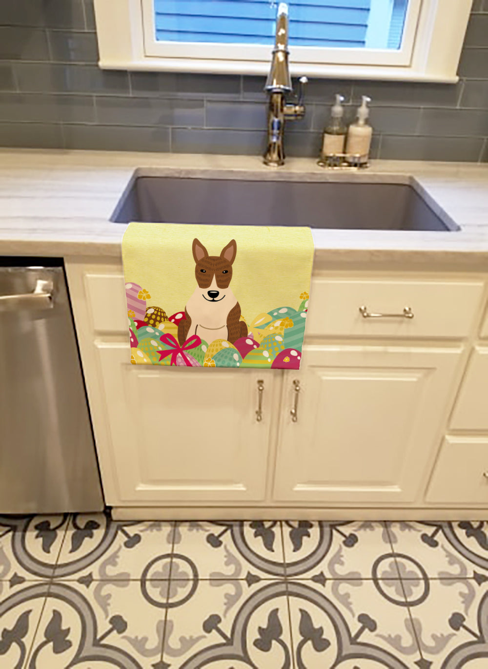 Easter Eggs Bull Terrier Brindle Kitchen Towel Velour Plush Front and Cotton Loop Back Machine Washable