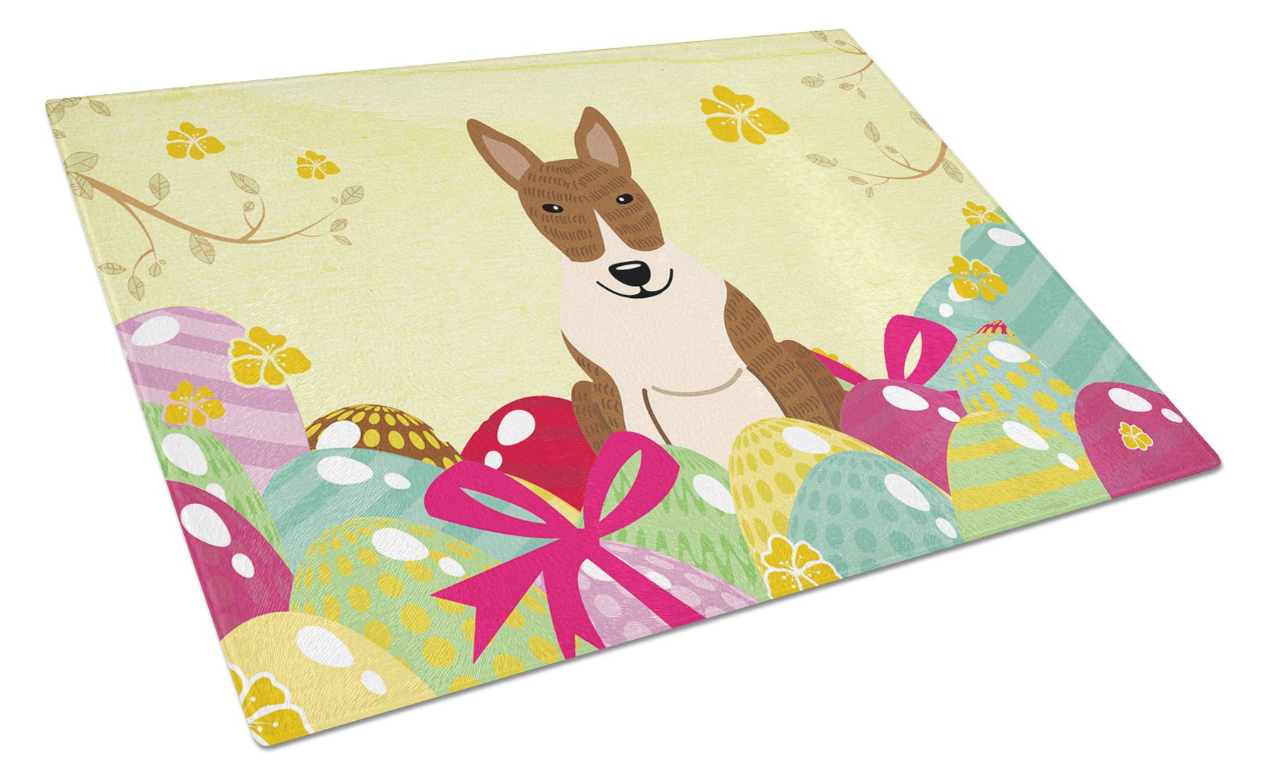 Easter Eggs Bull Terrier Brindle Cutting Board Tempered Glass Kitchen Cutting Surface, Heat Resistant Chopping, Non-Slip Feet, Food Prep & Serving
