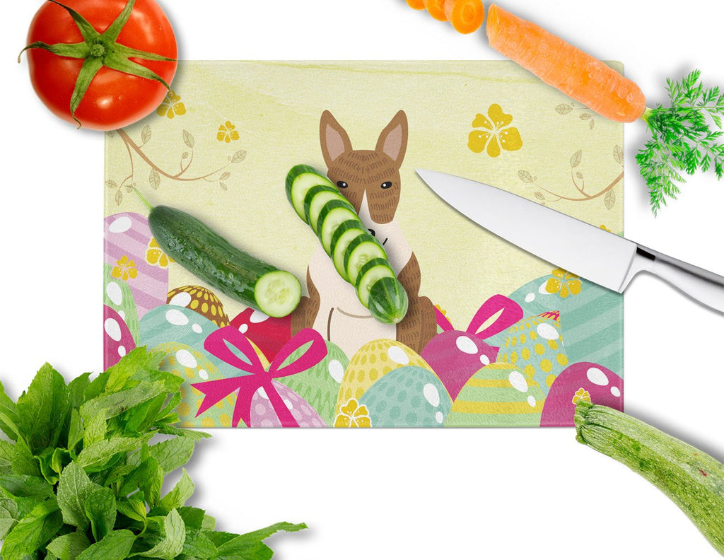 Easter Eggs Bull Terrier Brindle Cutting Board Tempered Glass Kitchen Cutting Surface, Heat Resistant Chopping, Non-Slip Feet, Food Prep & Serving