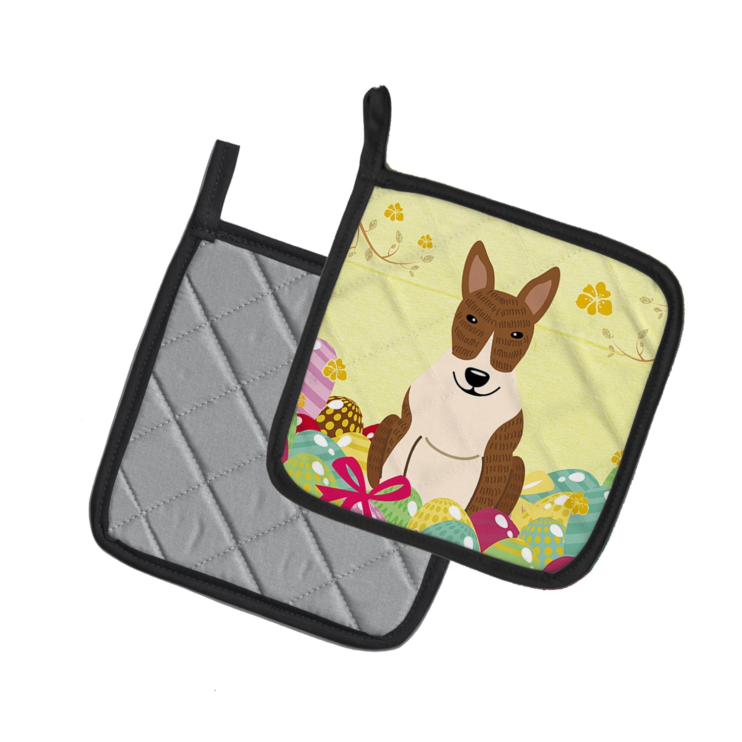 Easter Eggs Bull Terrier Brindle Pot Holder Set of 2 Heat Resistant Quilted Hot Pads 7.5 x 7.5 Inch, Insulated Kitchen Trivets for Cooking & Baking