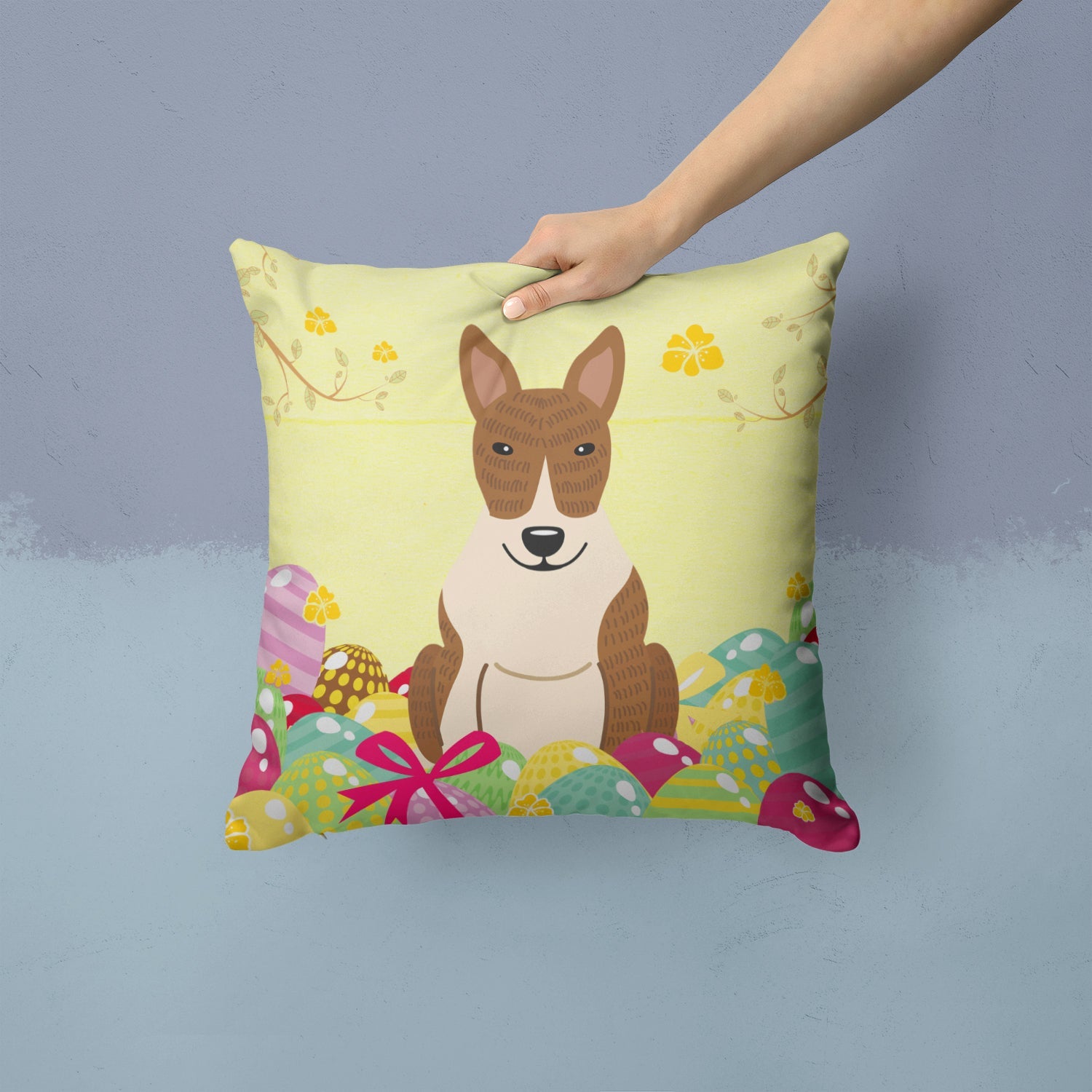 Easter Eggs Bull Terrier Brindle Decorative Throw Pillow 14x14 Indoor Outdoor Accent Cushion, Fabric Cover with Insert for Sofa, Bed, Porch & Living Room