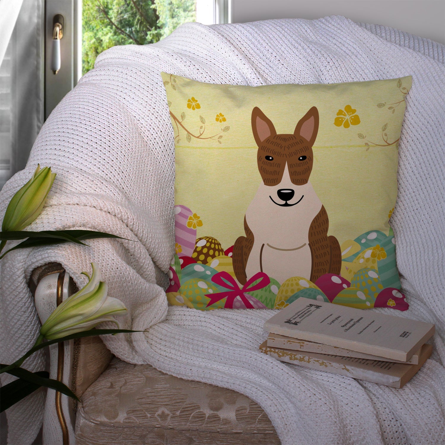 Easter Eggs Bull Terrier Brindle Decorative Throw Pillow 14x14 Indoor Outdoor Accent Cushion, Fabric Cover with Insert for Sofa, Bed, Porch & Living Room