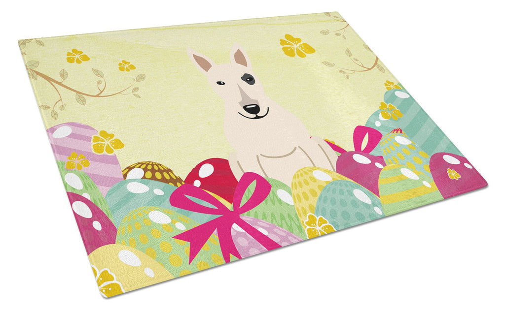 Easter Eggs Bull Terrier White Cutting Board Tempered Glass Kitchen Cutting Surface, Heat Resistant Chopping, Non-Slip Feet, Food Prep & Serving