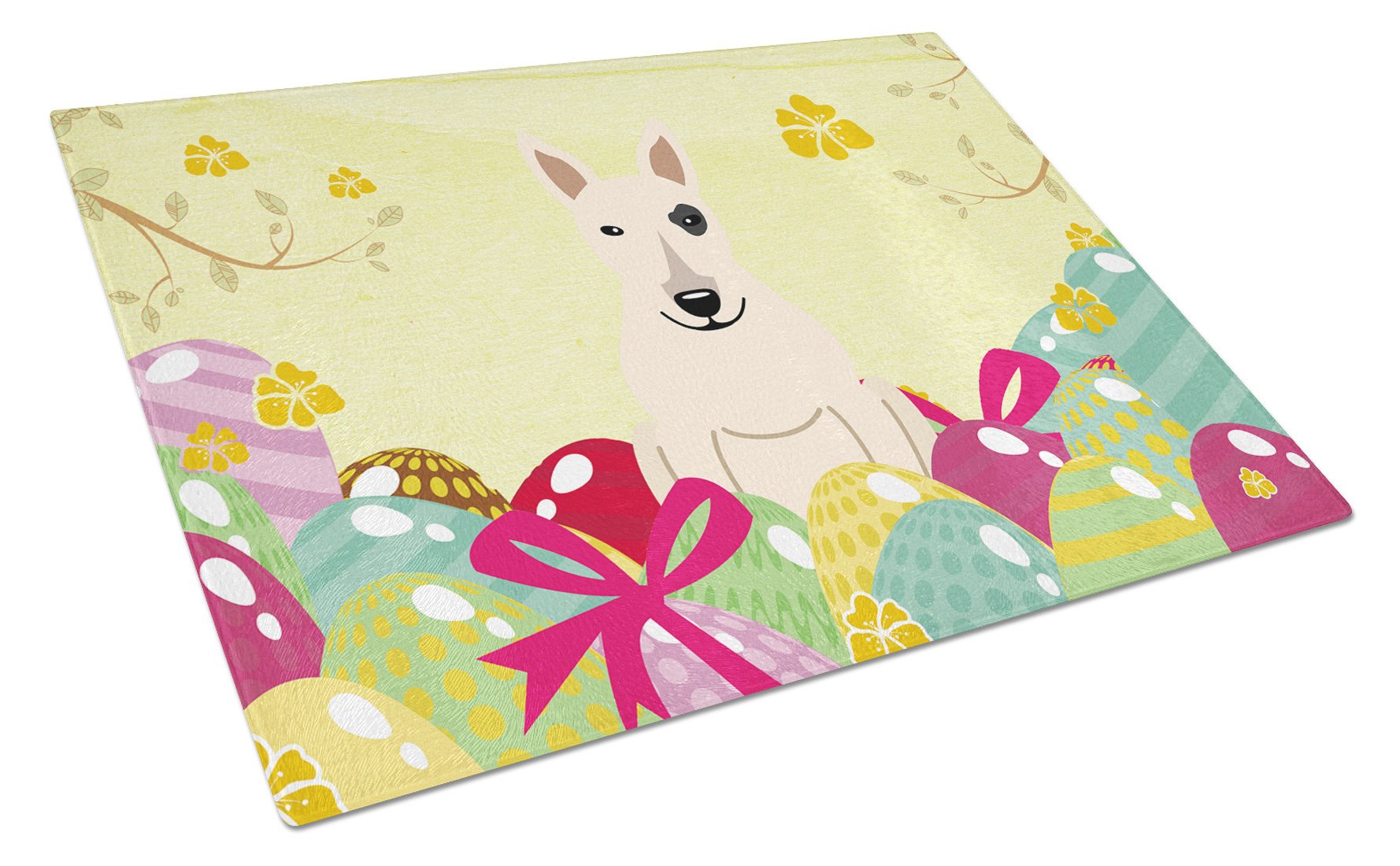 Easter Eggs Bull Terrier White Cutting Board Tempered Glass Kitchen Cutting Surface, Heat Resistant Chopping, Non-Slip Feet, Food Prep & Serving