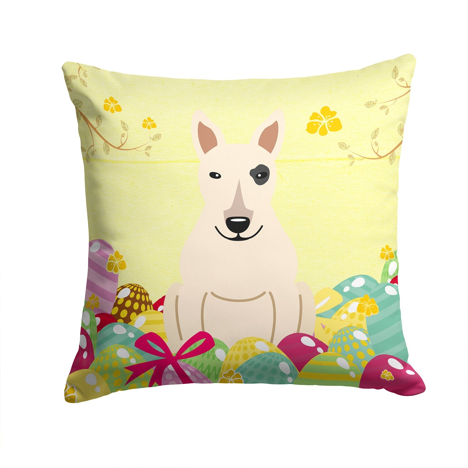 Easter Eggs Bull Terrier White Decorative Throw Pillow 14x14 Indoor Outdoor Accent Cushion, Fabric Cover with Insert for Sofa, Bed, Porch & Living Room