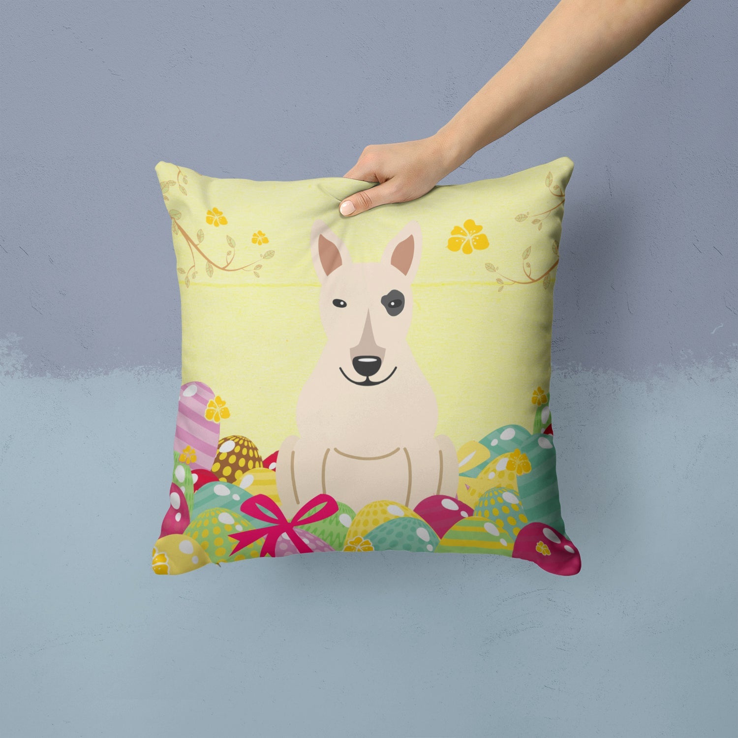 Easter Eggs Bull Terrier White Decorative Throw Pillow 14x14 Indoor Outdoor Accent Cushion, Fabric Cover with Insert for Sofa, Bed, Porch & Living Room
