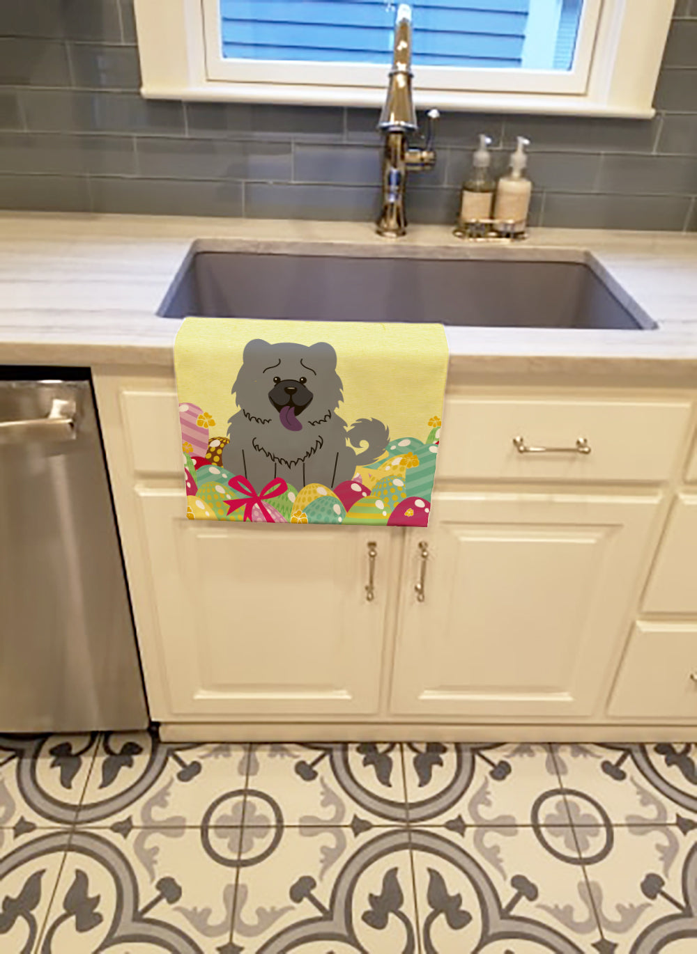 Easter Eggs Chow Chow Blue Kitchen Towel Velour Plush Front and Cotton Loop Back Machine Washable