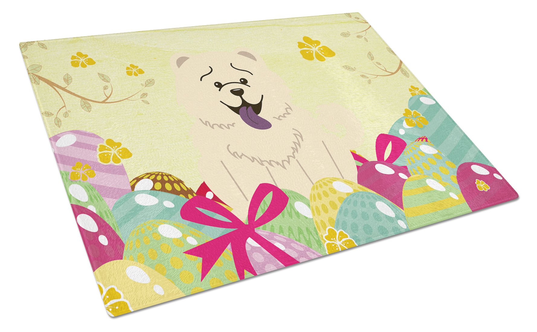 Easter Eggs Chow Chow White Cutting Board Tempered Glass Kitchen Cutting Surface, Heat Resistant Chopping, Non-Slip Feet, Food Prep & Serving