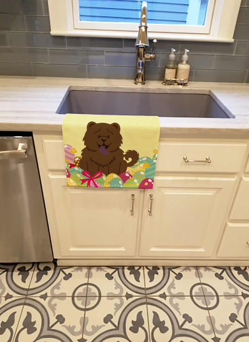 Easter Eggs Chow Chow Chocolate Kitchen Towel Velour Plush Front and Cotton Loop Back Machine Washable