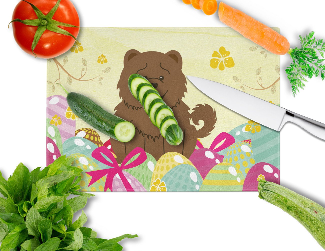 Easter Eggs Chow Chow Chocolate Cutting Board Tempered Glass Kitchen Cutting Surface, Heat Resistant Chopping, Non-Slip Feet, Food Prep & Serving