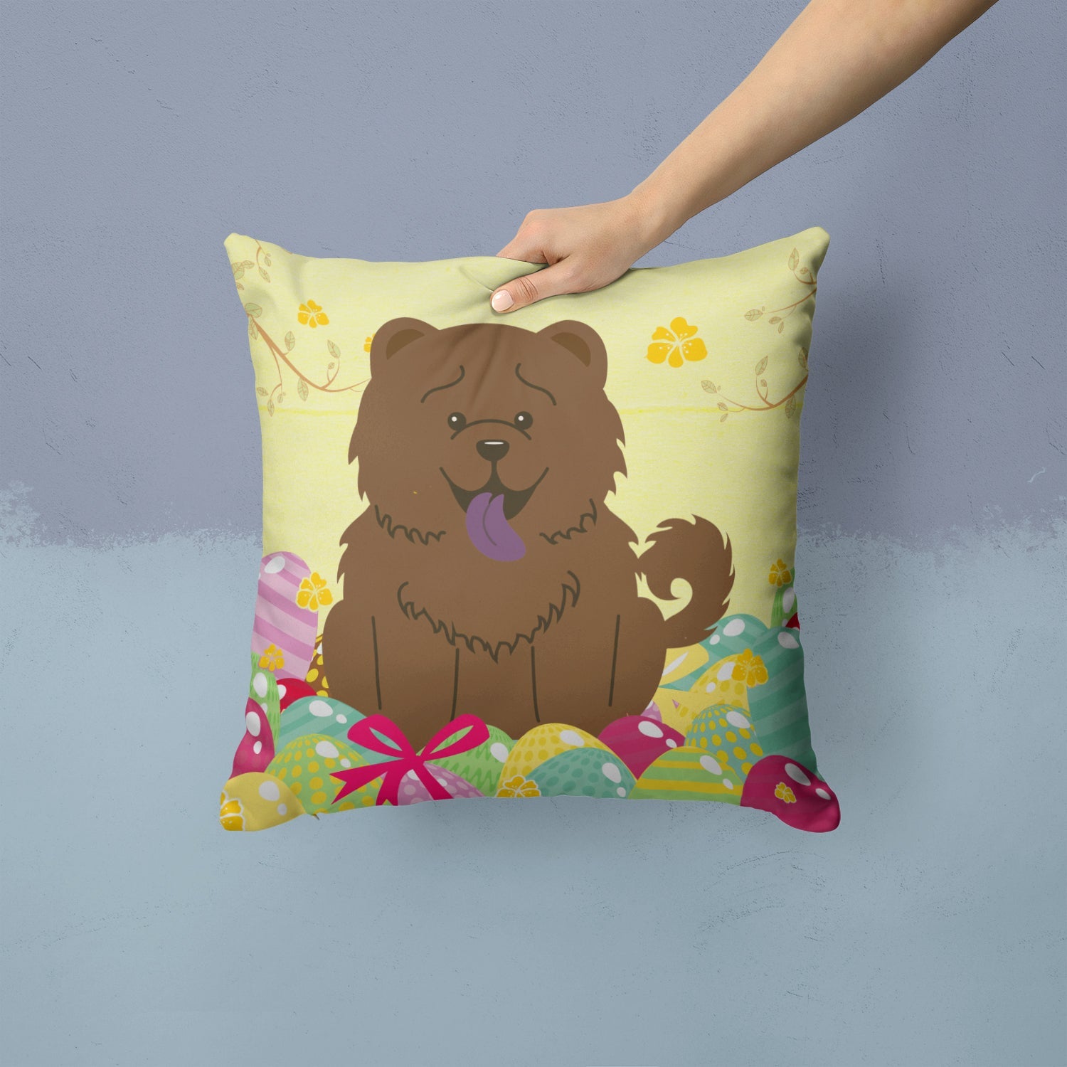 Easter Eggs Chow Chow Chocolate Decorative Throw Pillow 14x14 Indoor Outdoor Accent Cushion, Fabric Cover with Insert for Sofa, Bed, Porch & Living Room