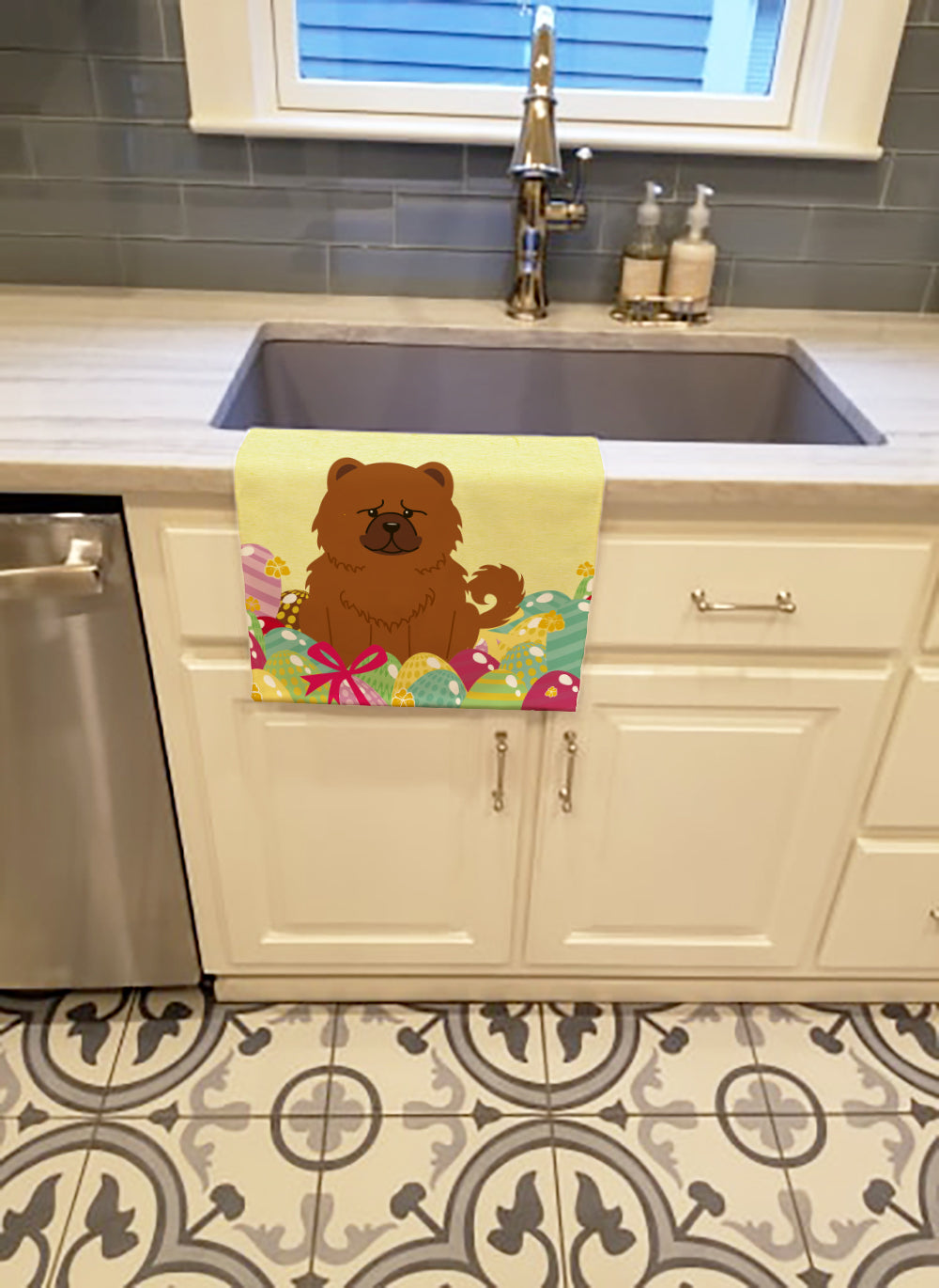 Easter Eggs Chow Chow Red Kitchen Towel Velour Plush Front and Cotton Loop Back Machine Washable