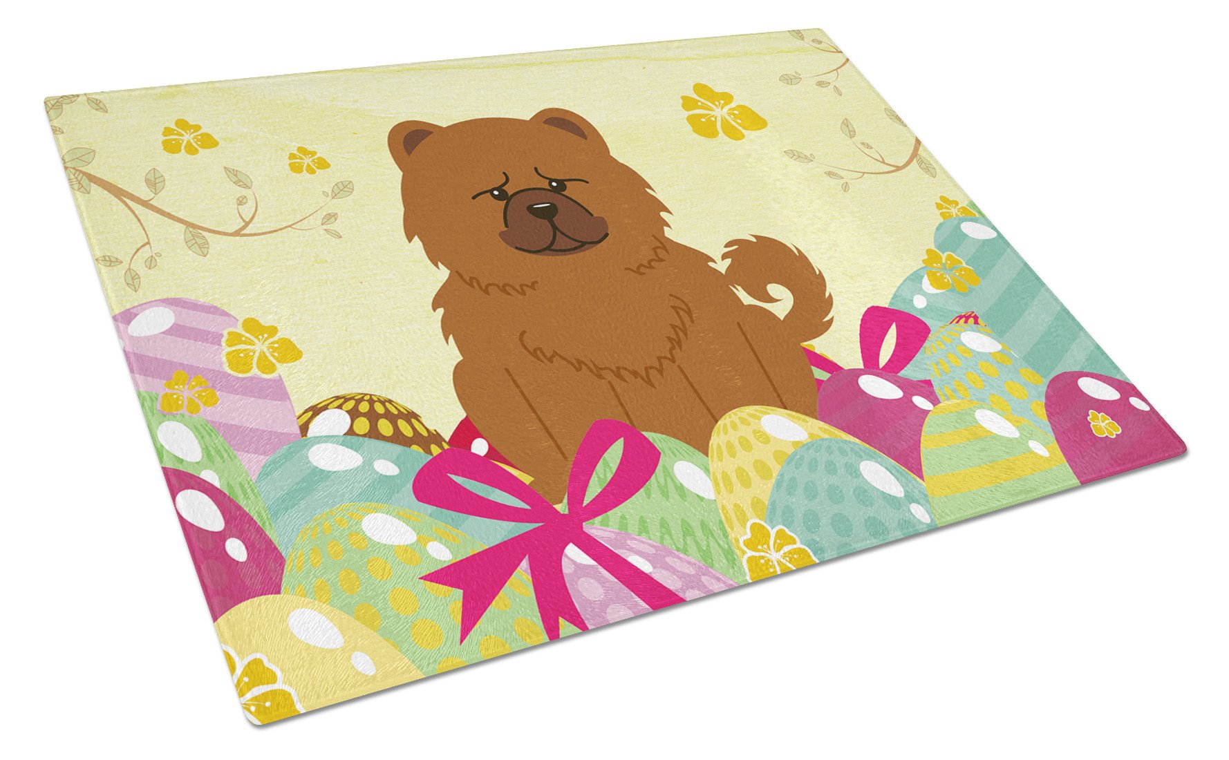 Easter Eggs Chow Chow Red Cutting Board Tempered Glass Kitchen Cutting Surface, Heat Resistant Chopping, Non-Slip Feet, Food Prep & Serving