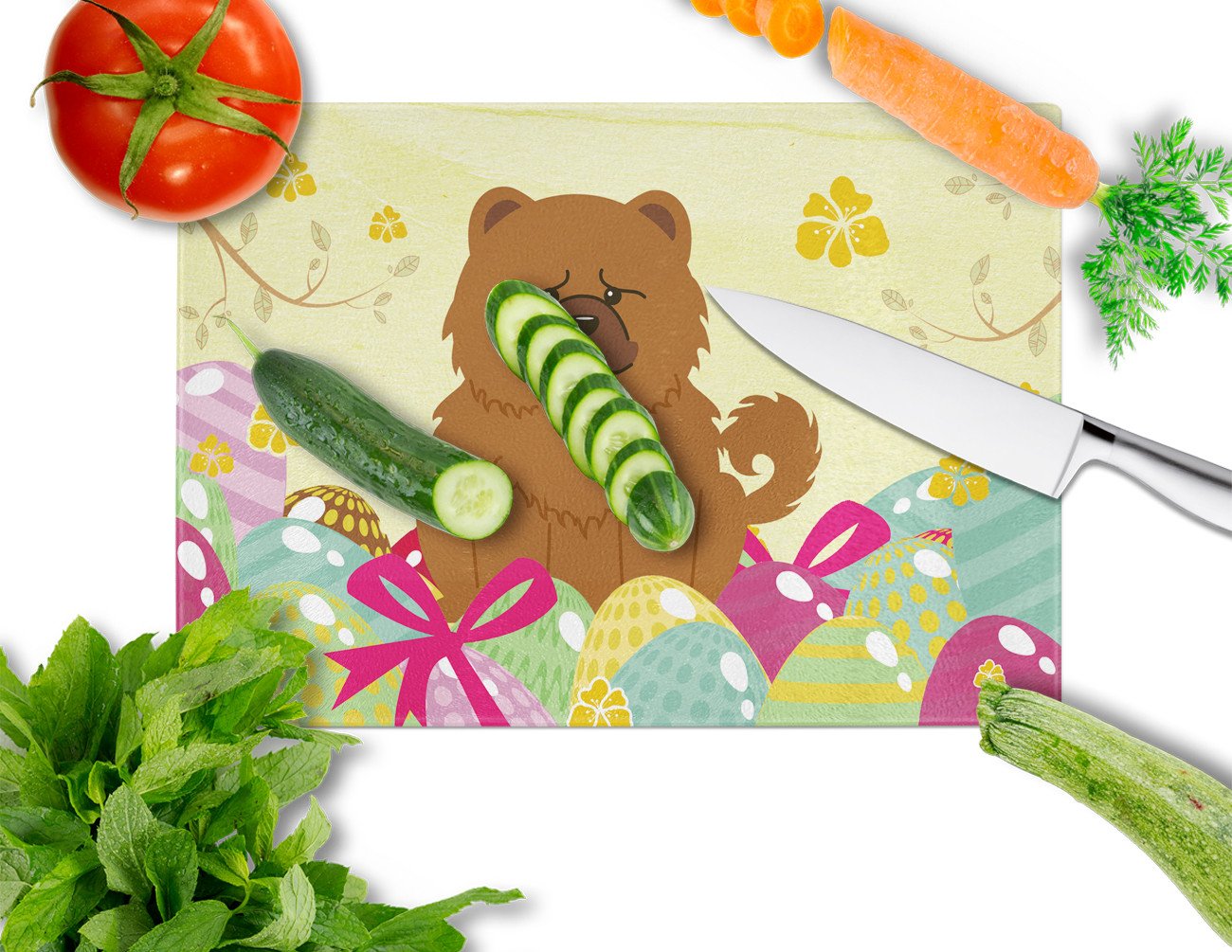Easter Eggs Chow Chow Red Cutting Board Tempered Glass Kitchen Cutting Surface, Heat Resistant Chopping, Non-Slip Feet, Food Prep & Serving