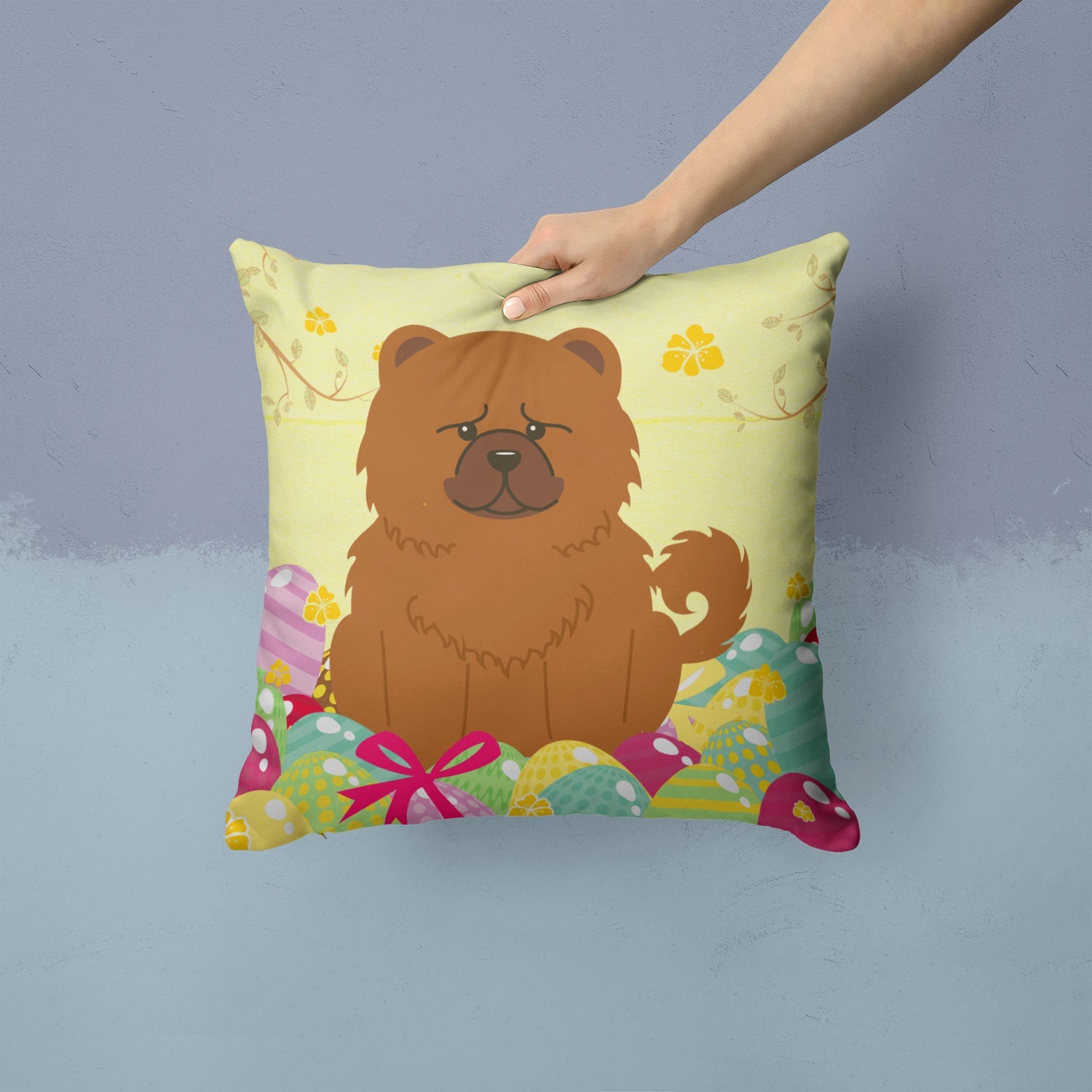 Easter Eggs Chow Chow Red Decorative Throw Pillow 14x14 Indoor Outdoor Accent Cushion, Fabric Cover with Insert for Sofa, Bed, Porch & Living Room
