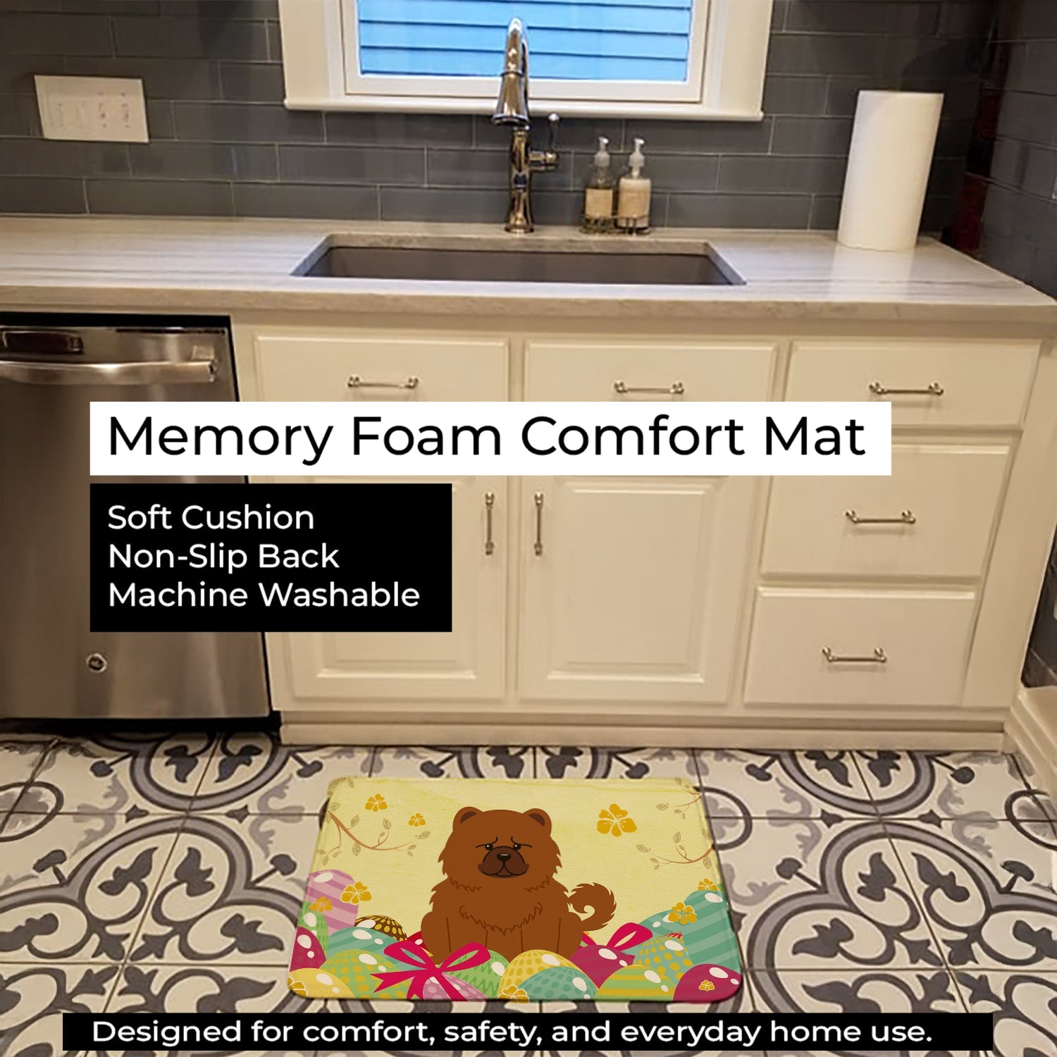 Easter Eggs Chow Chow Red Memory Foam Kitchen Mat Machine Washable Anti-Fatigue Cushion Comfort Bath or Kitchen Rug