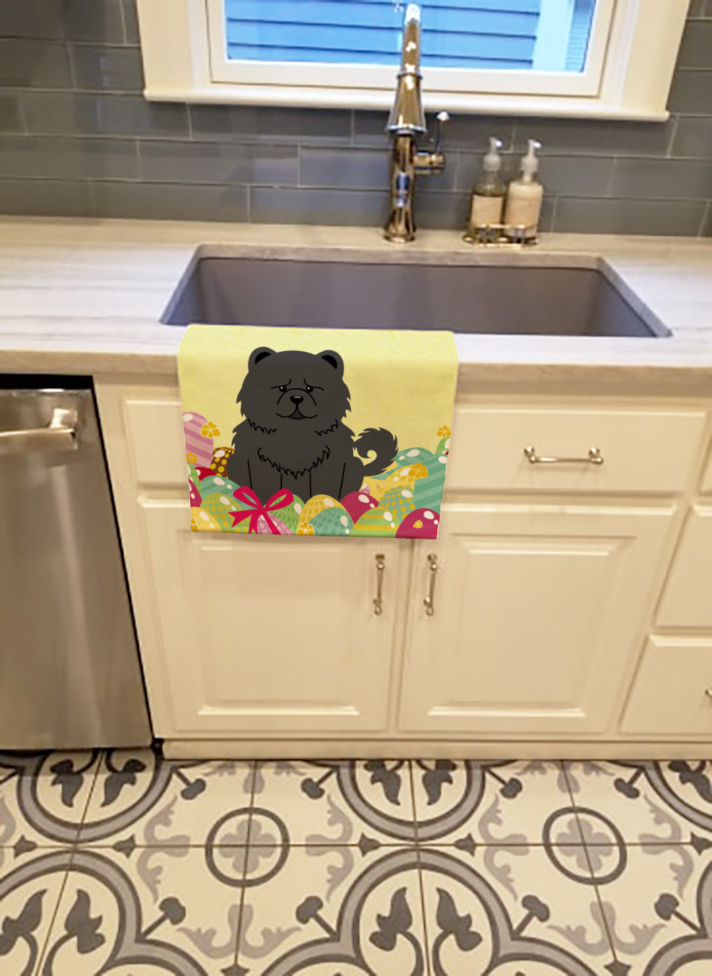 Easter Eggs Chow Chow Black Kitchen Towel Velour Plush Front and Cotton Loop Back Machine Washable