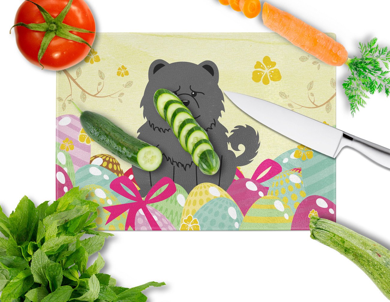 Easter Eggs Chow Chow Black Cutting Board Tempered Glass Kitchen Cutting Surface, Heat Resistant Chopping, Non-Slip Feet, Food Prep & Serving