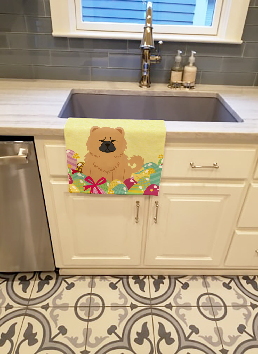 Easter Eggs Chow Chow Cream Kitchen Towel Velour Plush Front and Cotton Loop Back Machine Washable