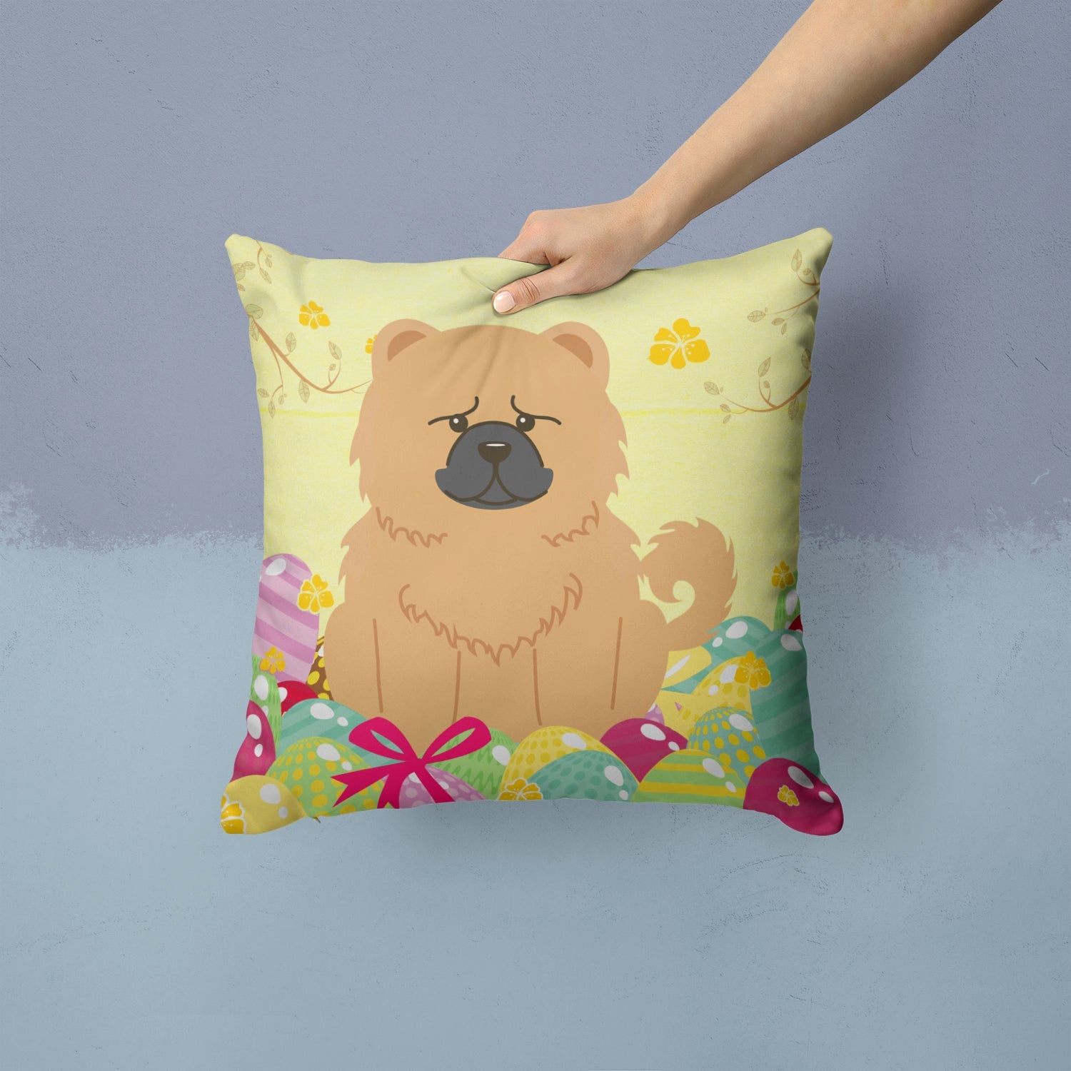 Easter Eggs Chow Chow Cream Decorative Throw Pillow 14x14 Indoor Outdoor Accent Cushion, Fabric Cover with Insert for Sofa, Bed, Porch & Living Room