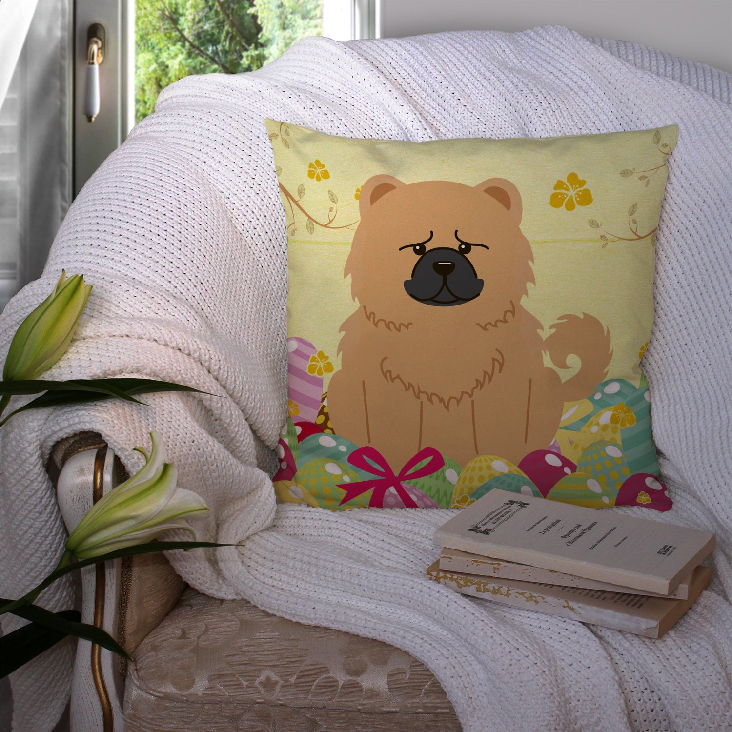 Easter Eggs Chow Chow Cream Decorative Throw Pillow 14x14 Indoor Outdoor Accent Cushion, Fabric Cover with Insert for Sofa, Bed, Porch & Living Room