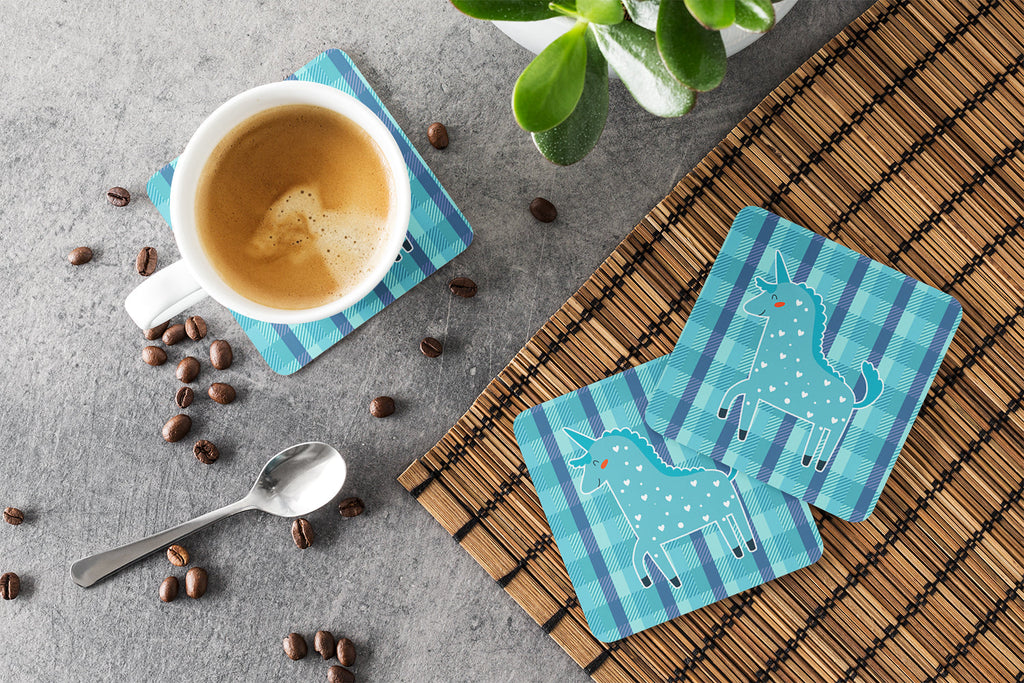 Unicorn in Plaid Foam Coasters Set of 4 Cup Coasters for Indoor Outdoor, Tabletop Protection, Anti Slip, Mouse pad Material