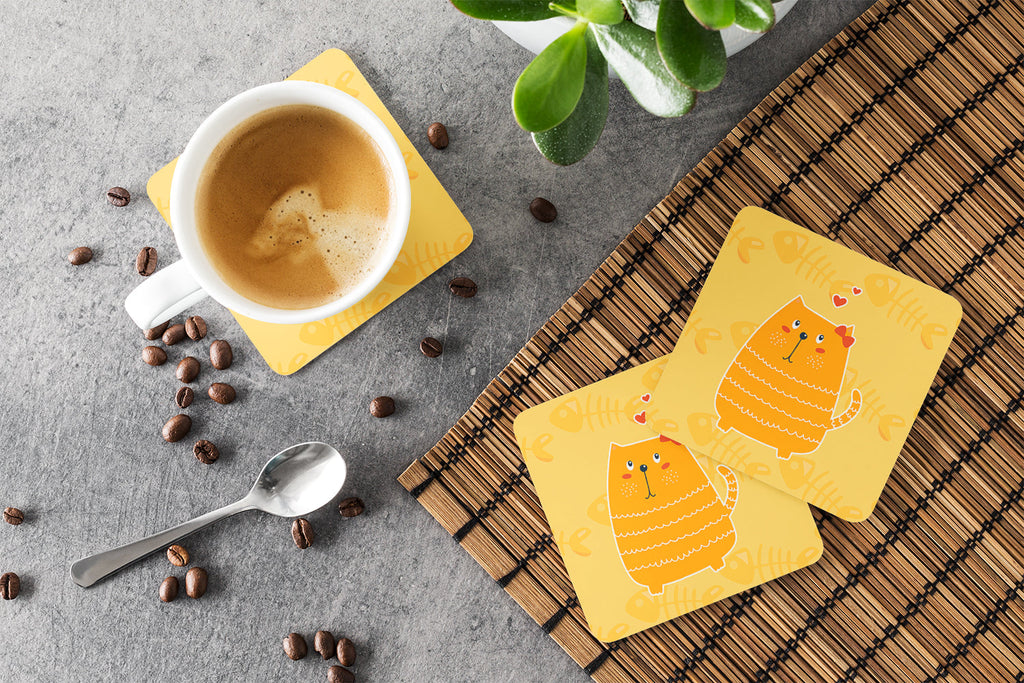 Fat Cat Love Foam Coasters Set of 4 Cup Coasters for Indoor Outdoor, Tabletop Protection, Anti Slip, Mouse pad Material