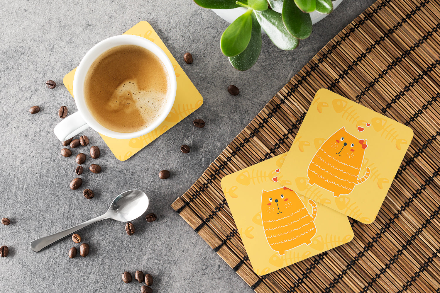 Fat Cat Love Foam Coasters Set of 4 Cup Coasters for Indoor Outdoor, Tabletop Protection, Anti Slip, Mouse pad Material