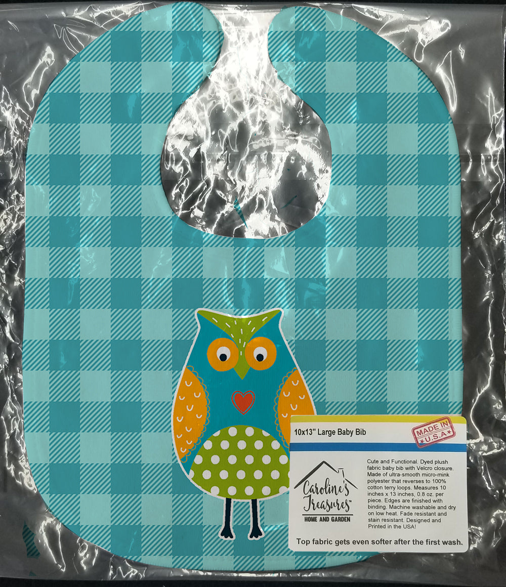 Owl on Blue Plaid Baby Bib Easy-Clean Baby Bib Baby Feeding Accessory Baby Mealtime Essential, 10 x 13, Multicolor
