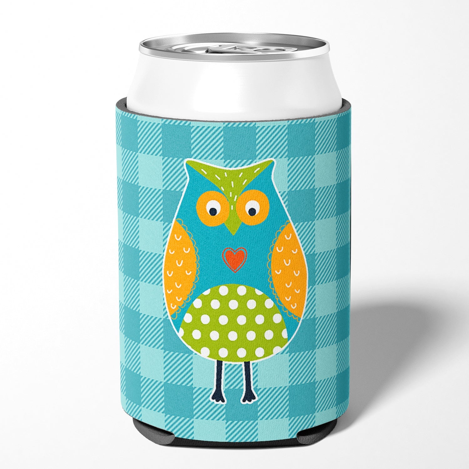 Owl on Blue Plaid Can or Bottle Hugger Cooler Sleeve for Standard 12 oz Cans, Insulated Foam Beer & Soda Can Hugger Reusable