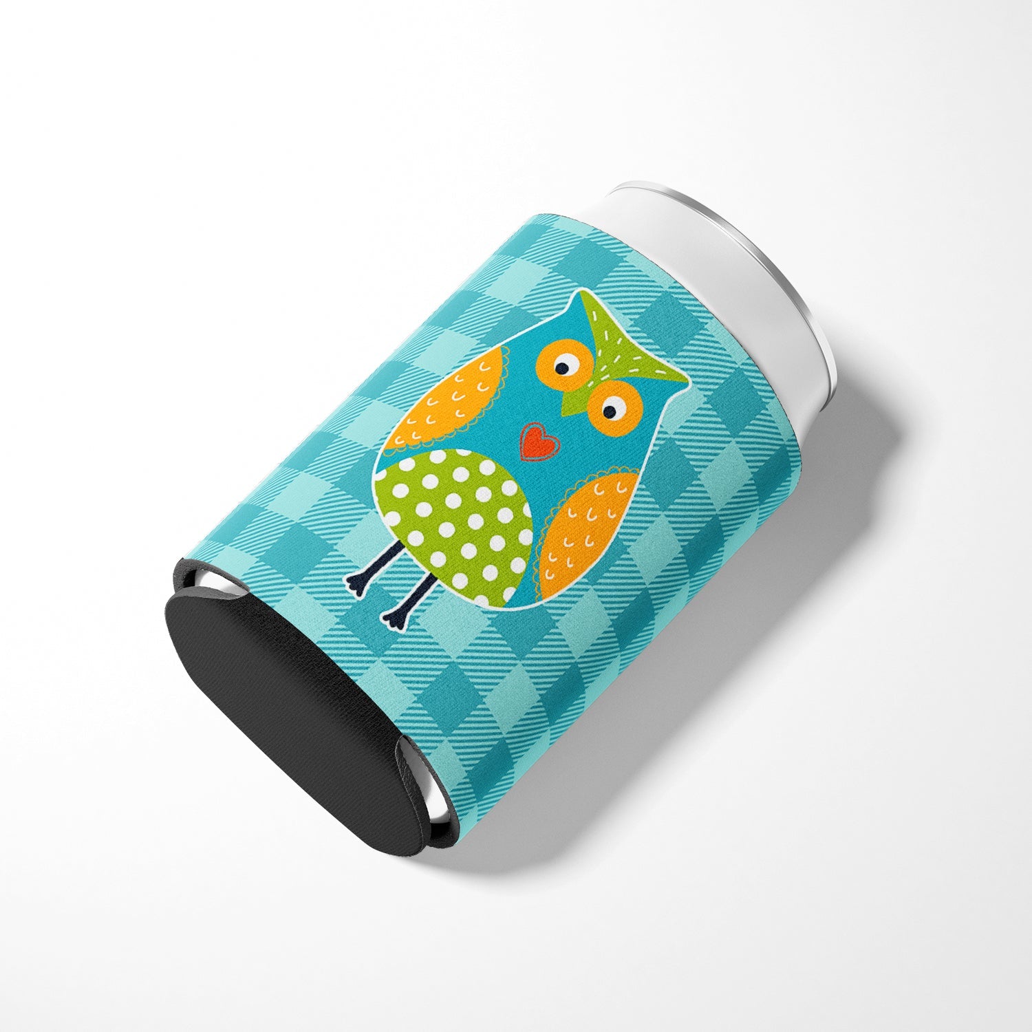 Owl on Blue Plaid Can or Bottle Hugger Cooler Sleeve for Standard 12 oz Cans, Insulated Foam Beer & Soda Can Hugger Reusable
