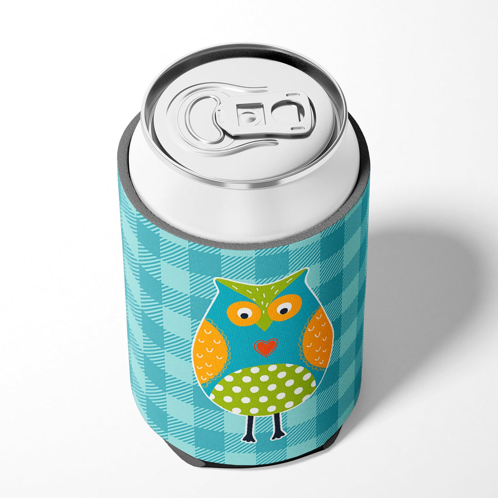 Owl on Blue Plaid Can or Bottle Hugger Cooler Sleeve for Standard 12 oz Cans, Insulated Foam Beer & Soda Can Hugger Reusable