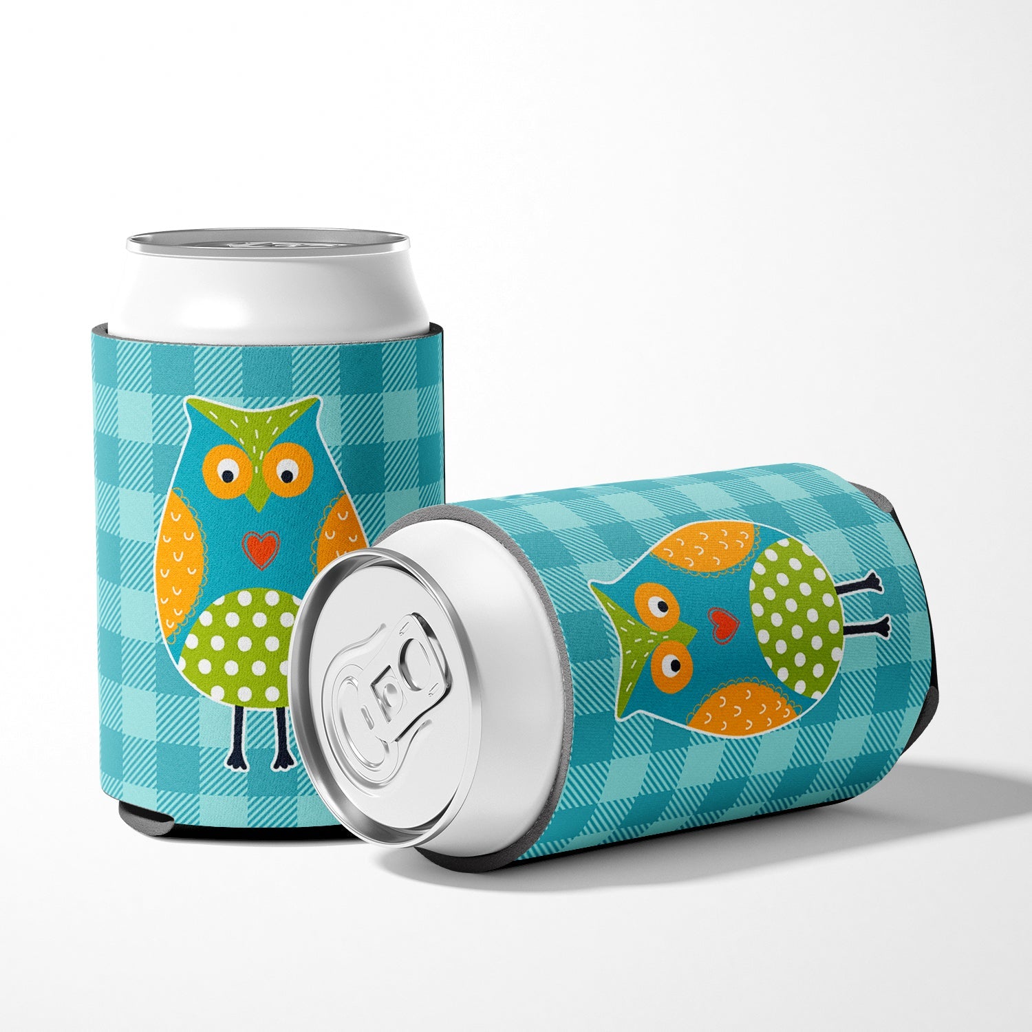Owl on Blue Plaid Can or Bottle Hugger Cooler Sleeve for Standard 12 oz Cans, Insulated Foam Beer & Soda Can Hugger Reusable