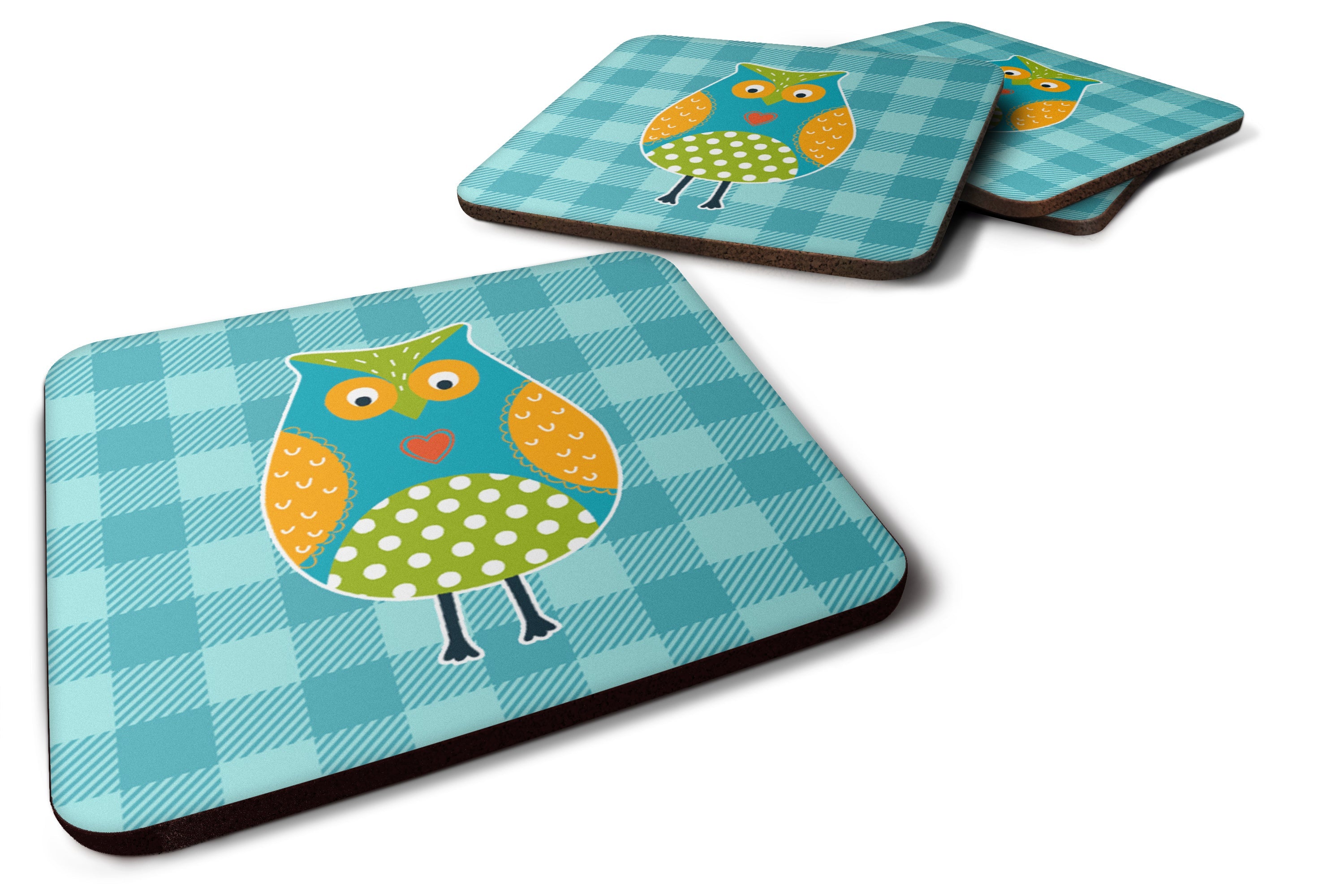Owl on Blue Plaid Foam Coasters Set of 4 Cup Coasters for Indoor Outdoor, Tabletop Protection, Anti Slip, Mouse pad Material