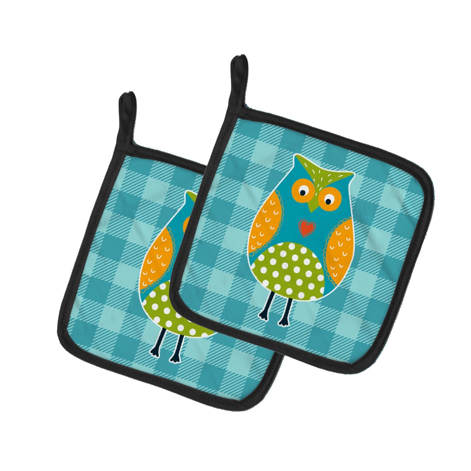 Owl on Blue Plaid Pot Holder Set of 2 Heat Resistant Quilted Hot Pads 7.5 x 7.5 Inch, Insulated Kitchen Trivets for Cooking & Baking