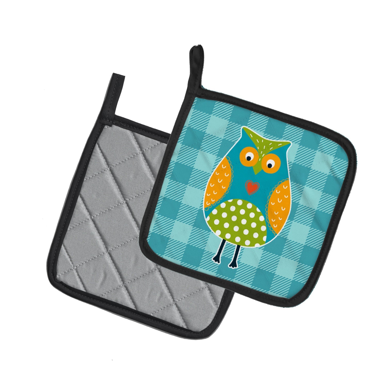 Owl on Blue Plaid Pot Holder Set of 2 Heat Resistant Quilted Hot Pads 7.5 x 7.5 Inch, Insulated Kitchen Trivets for Cooking & Baking