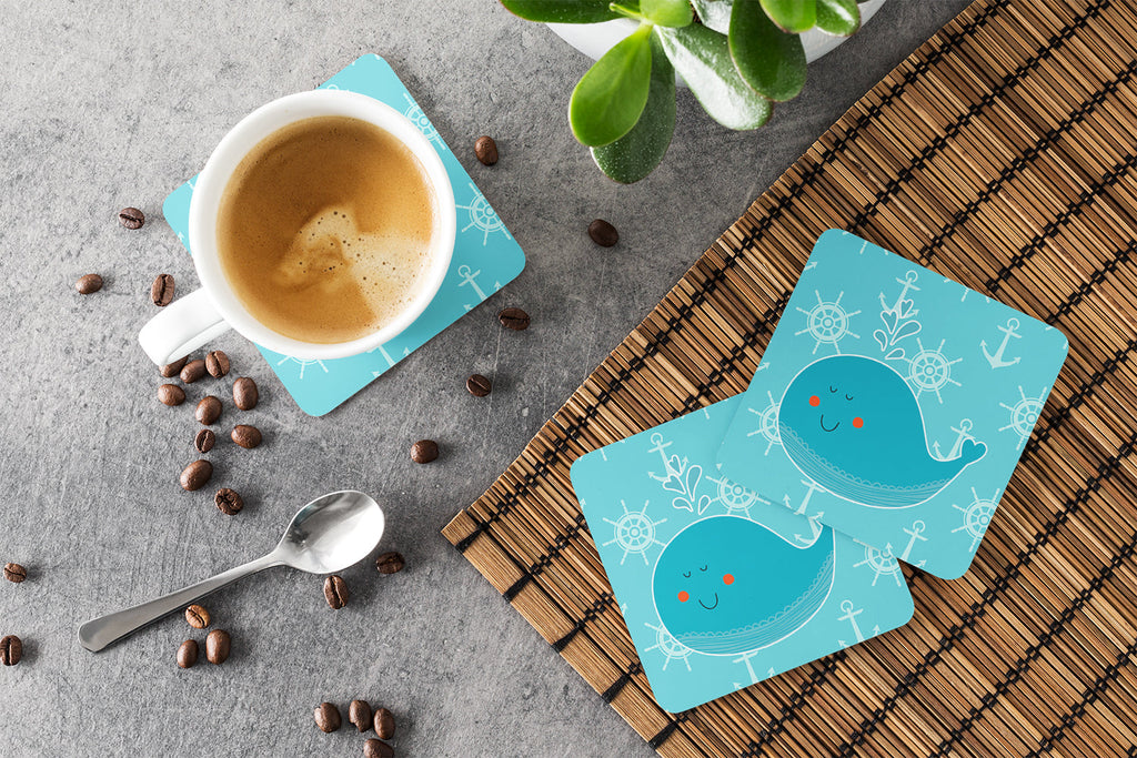 Whale with Anchors Foam Coasters Set of 4 Cup Coasters for Indoor Outdoor, Tabletop Protection, Anti Slip, Mouse pad Material