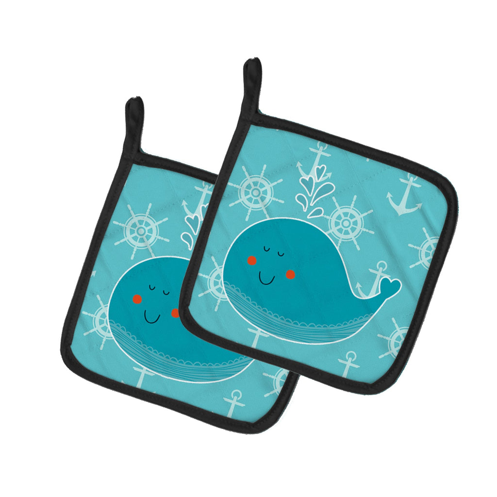 Whale with Anchors Pot Holder Set of 2 Heat Resistant Quilted Hot Pads 7.5 x 7.5 Inch, Insulated Kitchen Trivets for Cooking & Baking