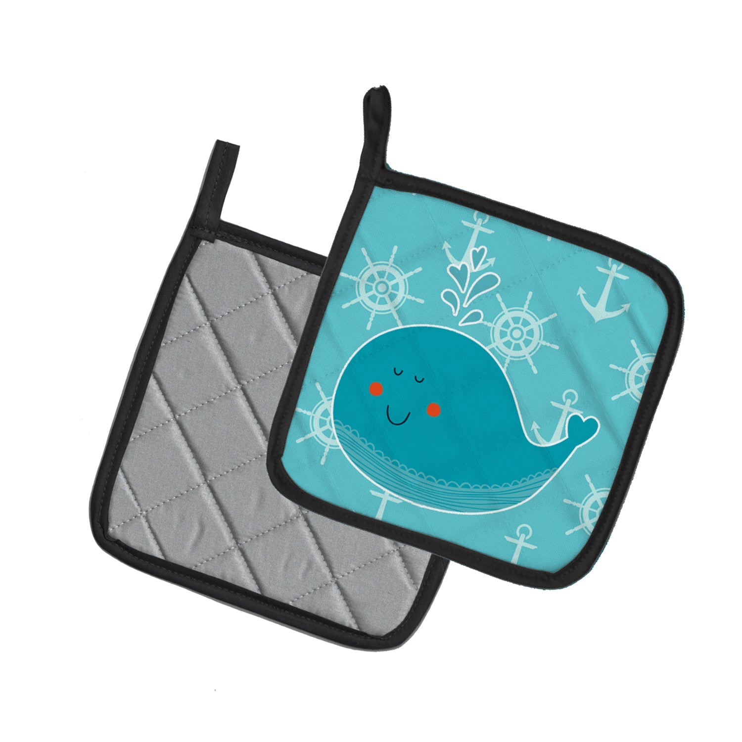 Whale with Anchors Pot Holder Set of 2 Heat Resistant Quilted Hot Pads 7.5 x 7.5 Inch, Insulated Kitchen Trivets for Cooking & Baking