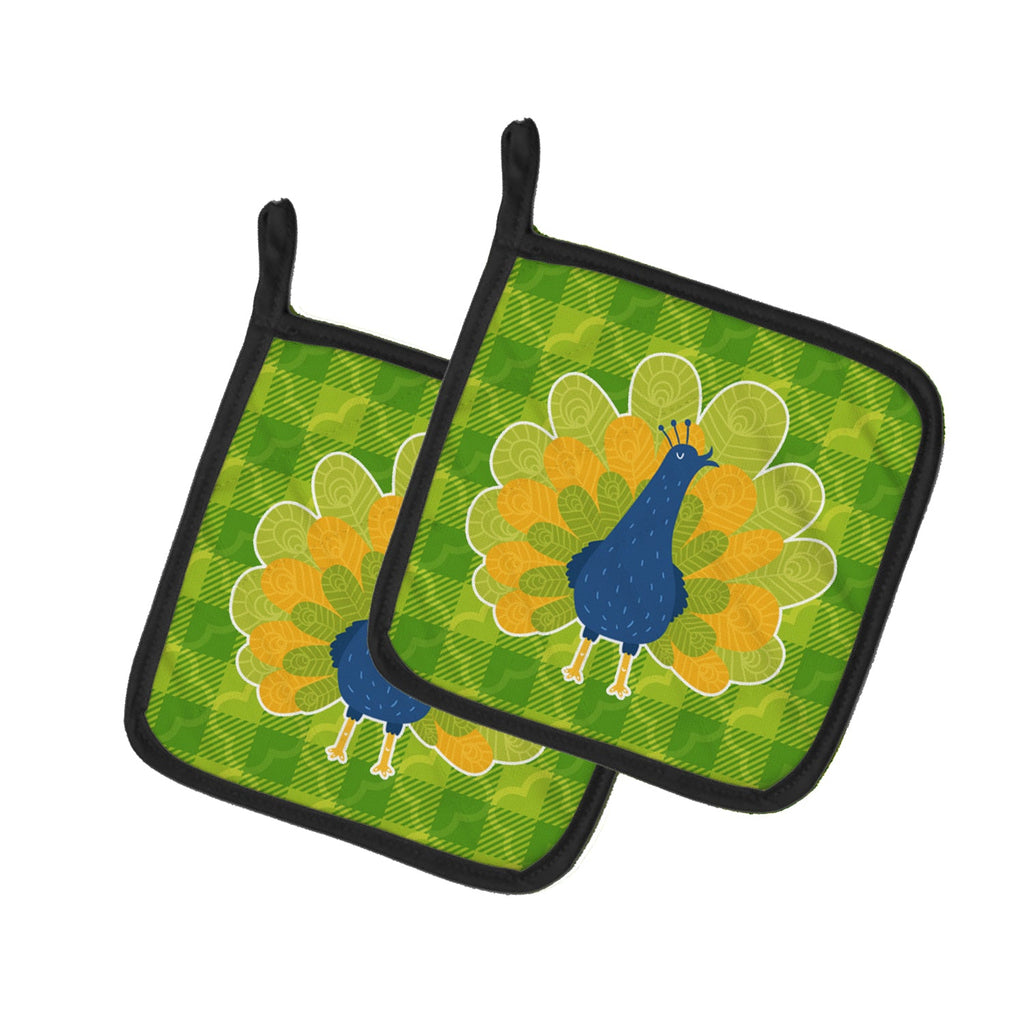 Pretty Peacock Pot Holder Set of 2 Heat Resistant Quilted Hot Pads 7.5 x 7.5 Inch, Insulated Kitchen Trivets for Cooking & Baking