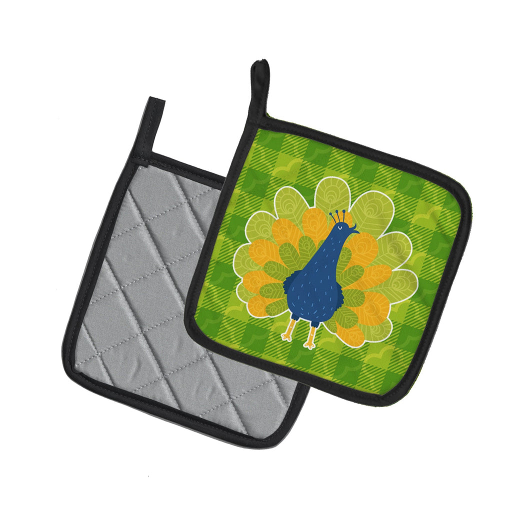 Pretty Peacock Pot Holder Set of 2 Heat Resistant Quilted Hot Pads 7.5 x 7.5 Inch, Insulated Kitchen Trivets for Cooking & Baking