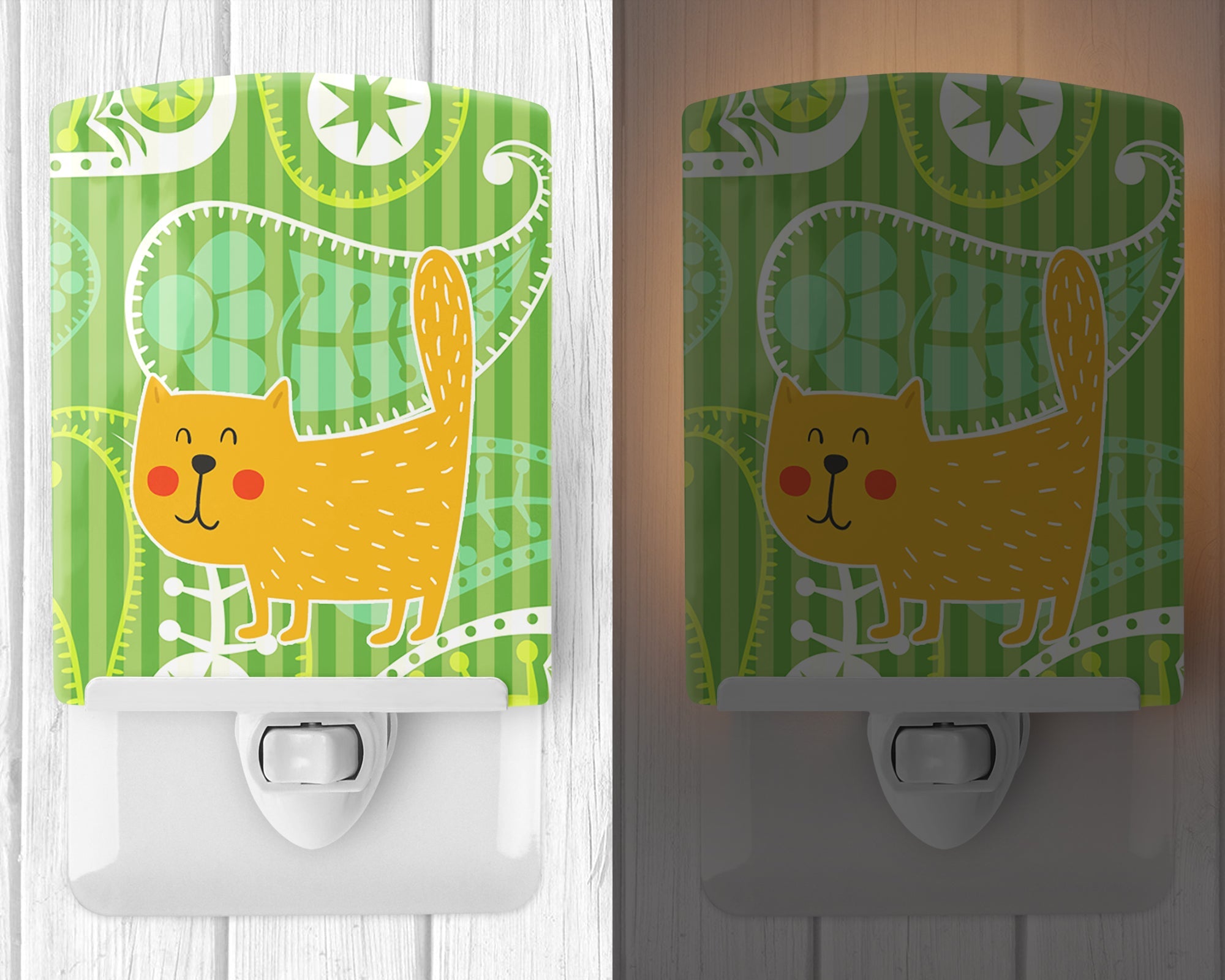Cat on Paisley Ceramic Night Light Compact, UL-Certified, Ideal for Bedroom, Bathroom, Nursery, Hallway, Kitchen, 6x4x3, Multicolor