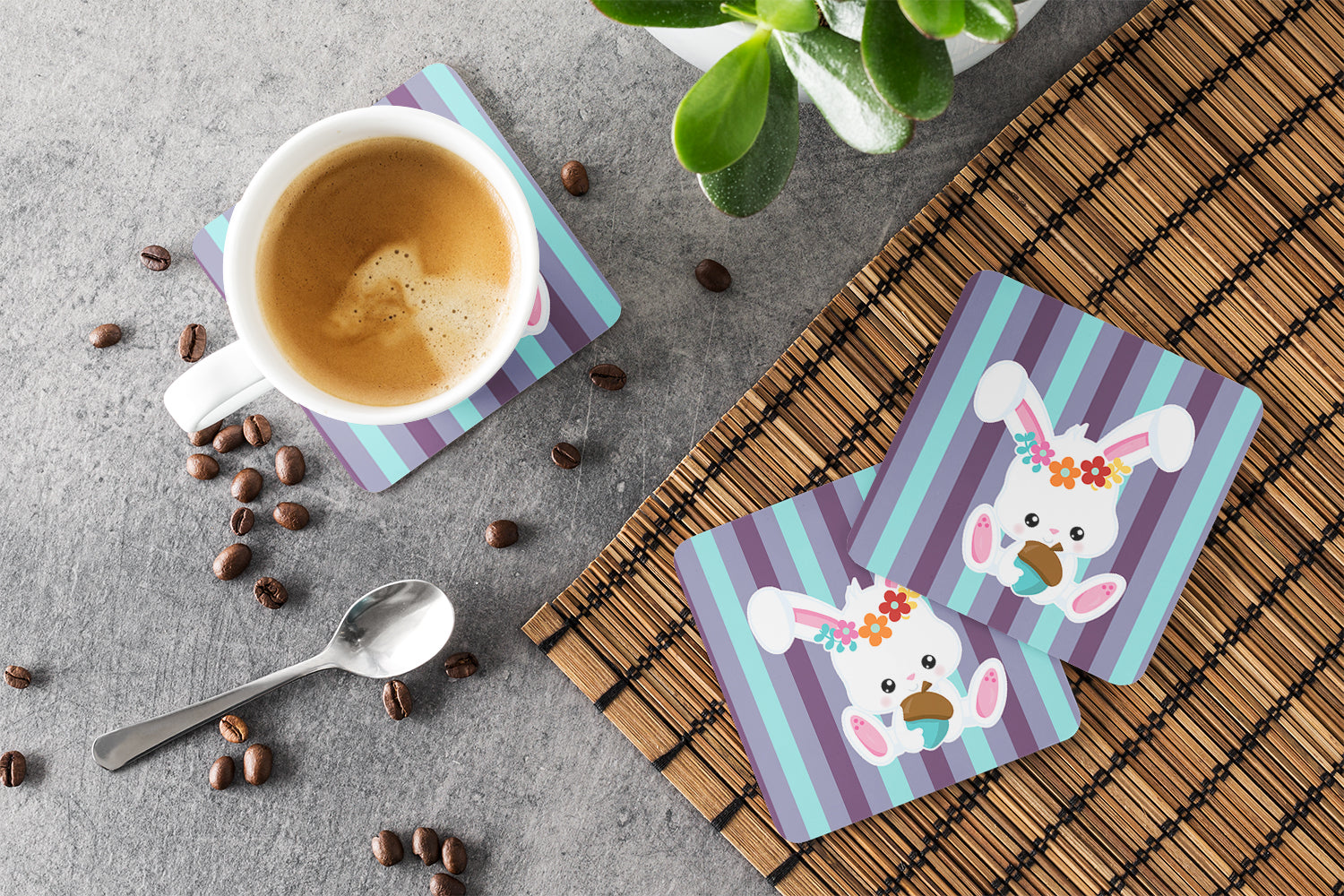Bunny Rabbit Foam Coasters Set of 4 Cup Coasters for Indoor Outdoor, Tabletop Protection, Anti Slip, Mouse pad Material